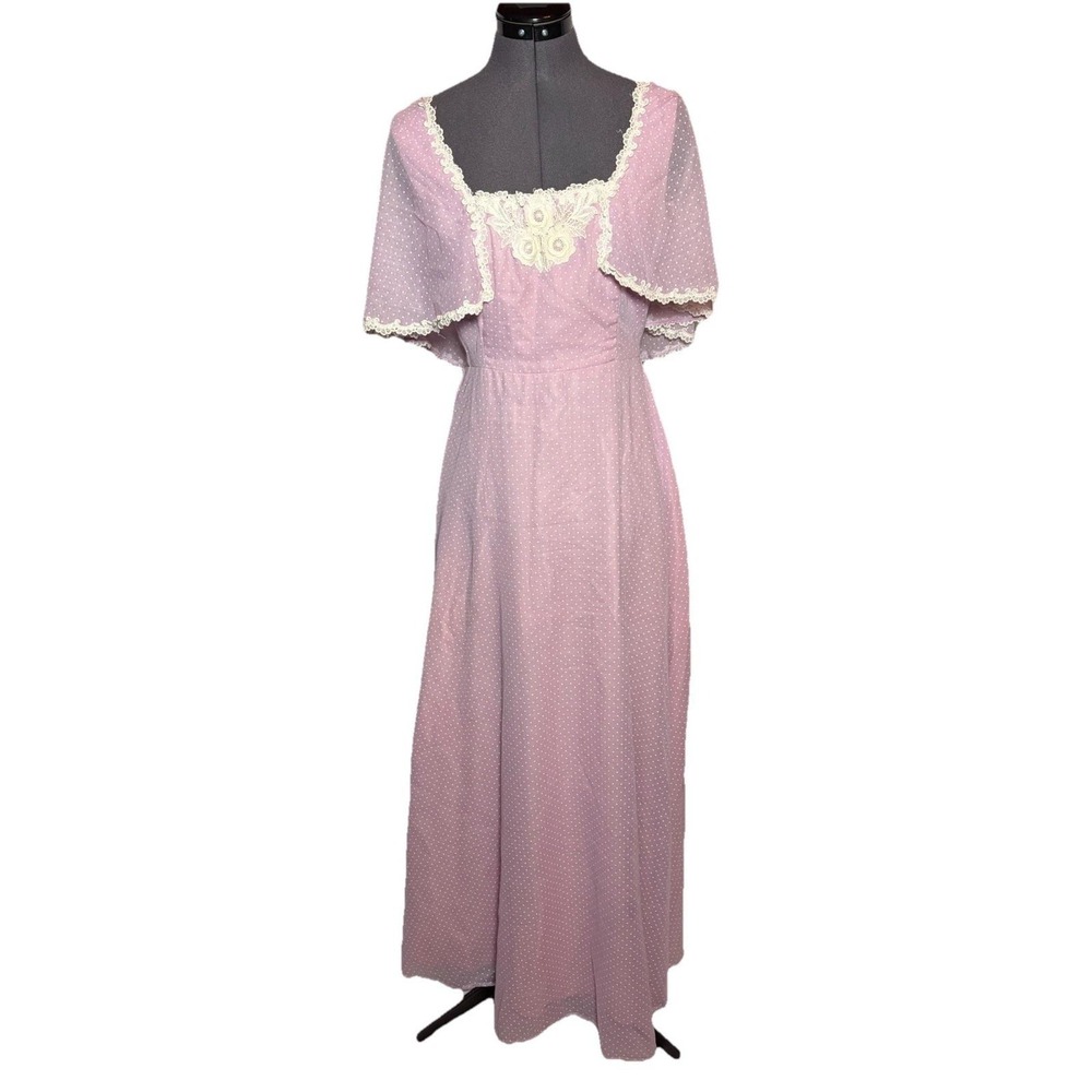 VTG 70s Prairie Cottagecore Lavender Swiss Dot Lace Maxi Sylvia Ann Dress B33 S